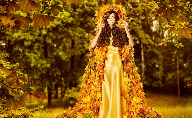 HD wallpaper: leaves, women, model, fall, closed eyes, yellow dress ...