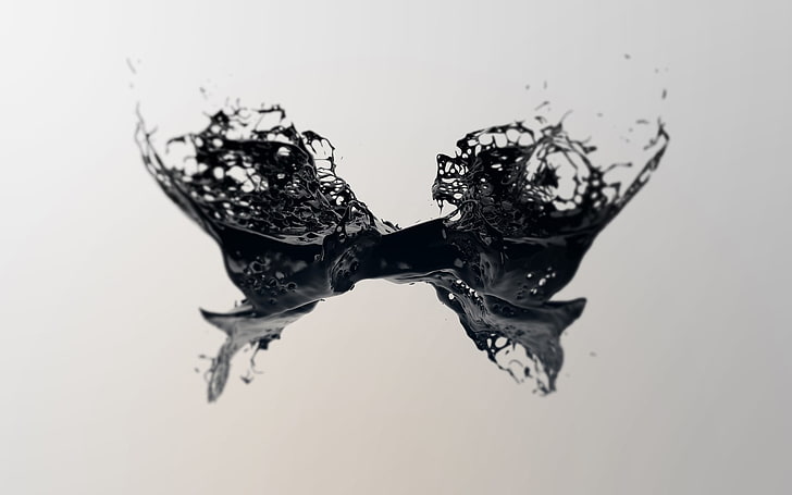 black 3D water spill wallpaper, digital art, liquid, white background
