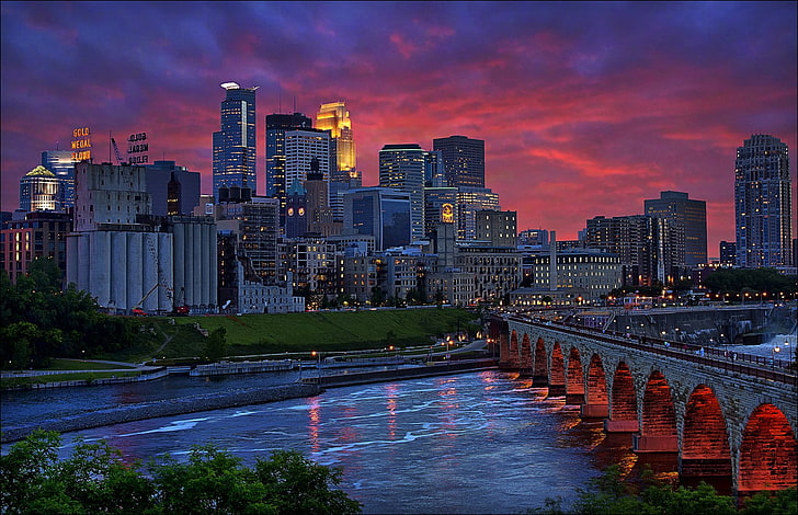 cityscape, purple sky, Minneapolis, river, bridge, architecture, HD wallpaper