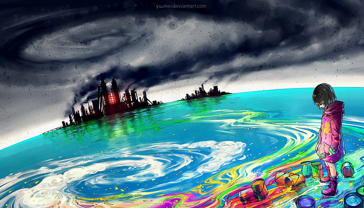 yuumei colorful digital art environment pollution, water, sky