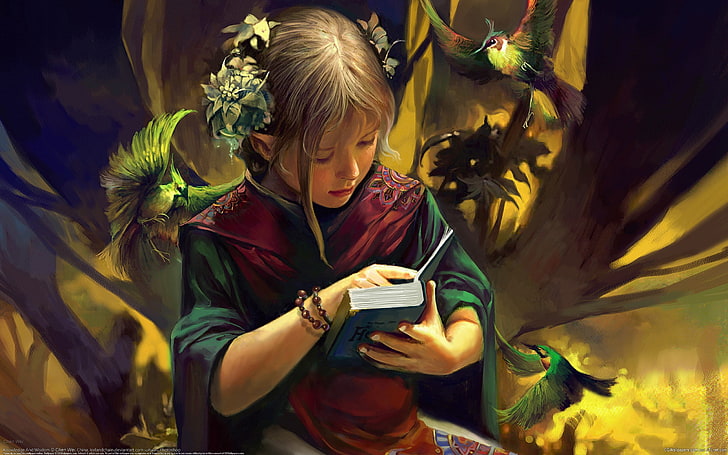 female reading book painting, girl, elf, bird, fantasy, one Person