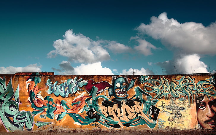 green and brown graffiti, wall, city, colorful, architecture, HD wallpaper