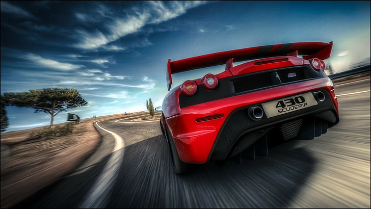 car, road, motion blur, red cars, Ferrari, Ferrari F430 Scuderia