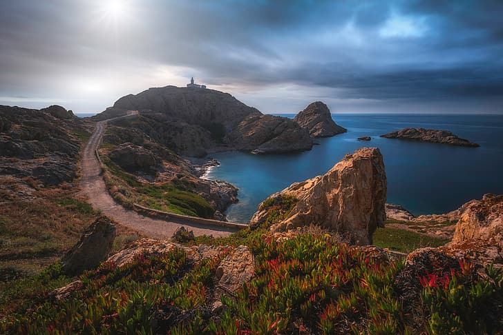 road, sea, rocks, coast, France, The Mediterranean sea, Upper Corsica, HD wallpaper