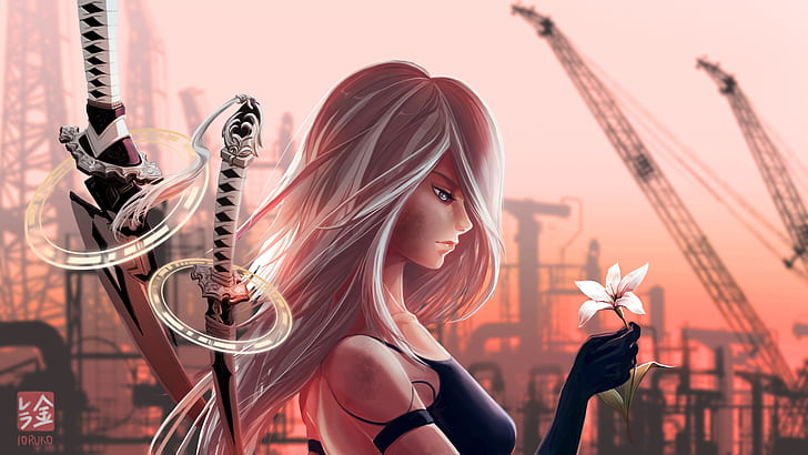white flowers, video games, A2 (Nier: Automata), gloves, sadness, HD wallpaper