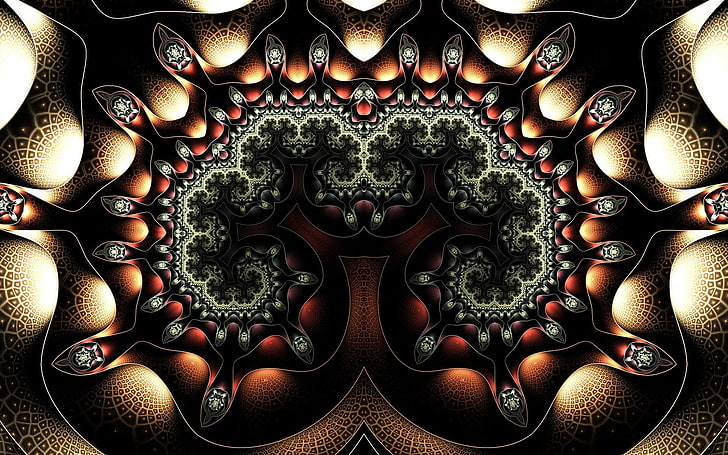 black and brown floral textile, abstract, fractal, symmetry, pattern, HD wallpaper