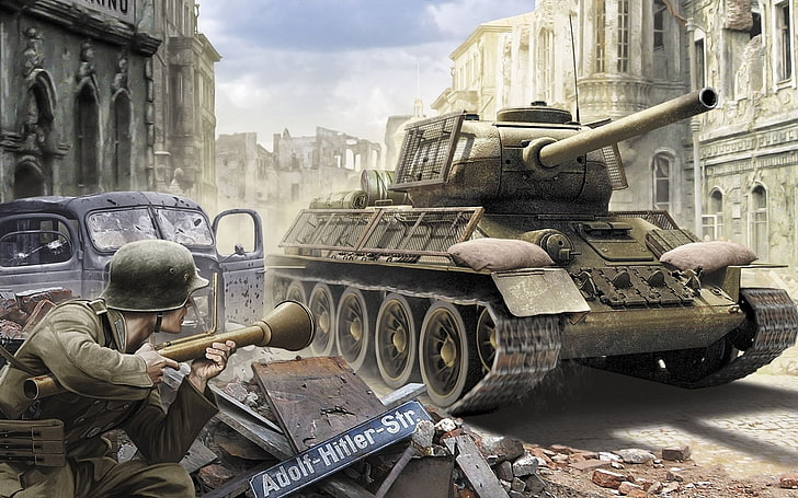tank ambush painting, T-34, Adolf Hitler, World War II, artwork, HD wallpaper