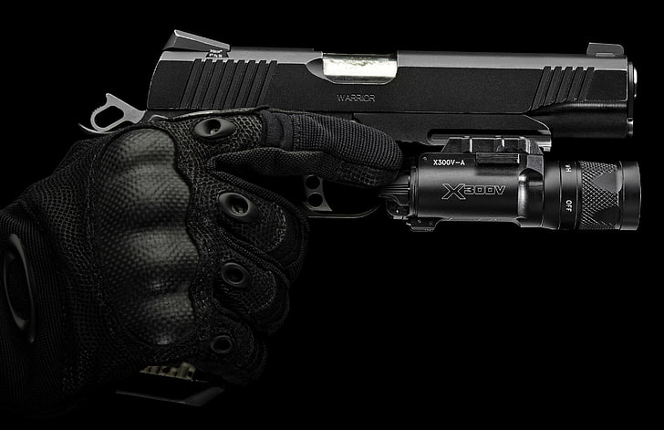 black semi-automatic pistol, gun, hand, gloves, accessories, protection