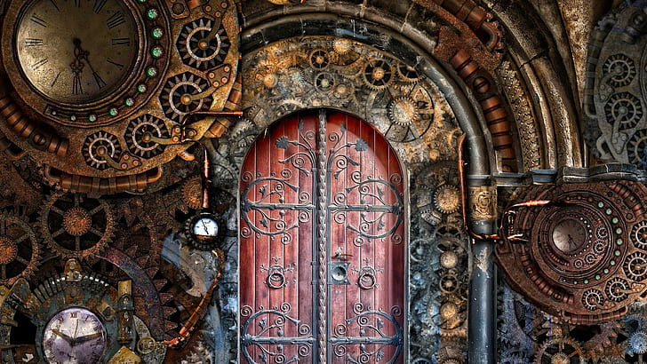 pipes, brass, gears, steampunk, clock, door, fantasy art, gothic, HD wallpaper