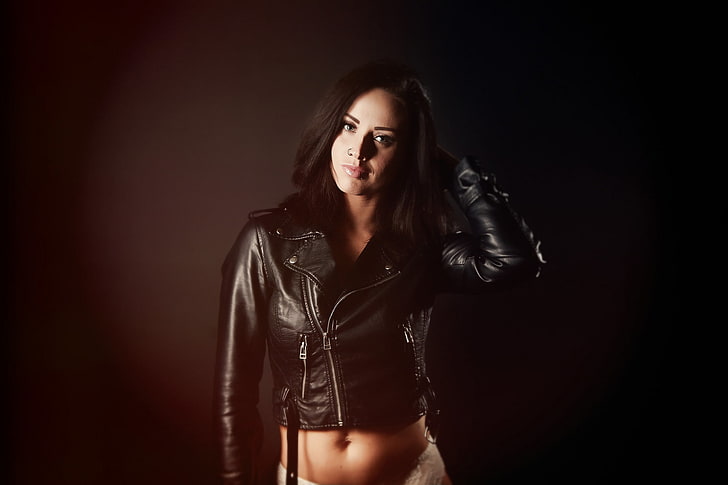women's black zip-up leather jacket, look, girl, background, brunette, HD wallpaper