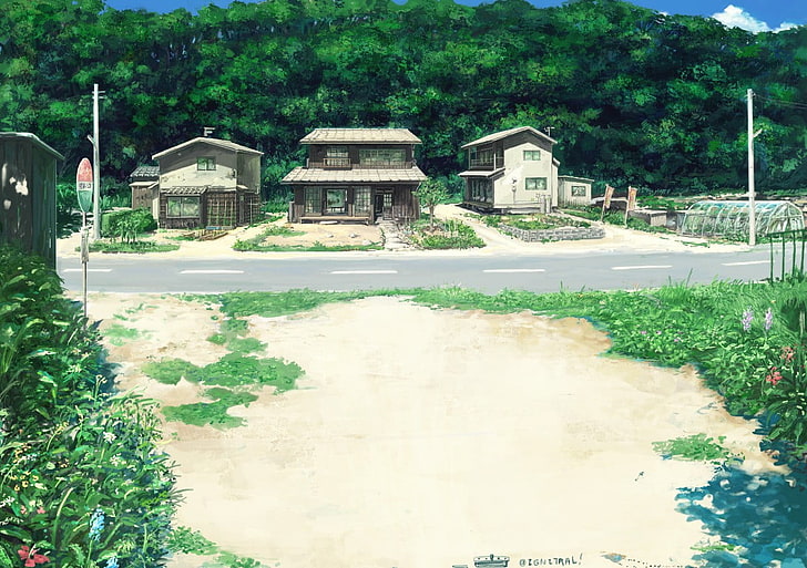 brown houses, nature, villages, anime, road, artwork, Japan, plant, HD wallpaper