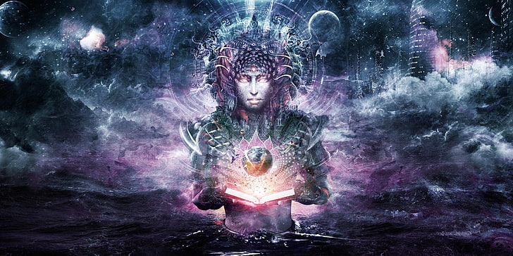 psychedelic, abstract, gods, books, space, sea, Cameron Gray, HD wallpaper