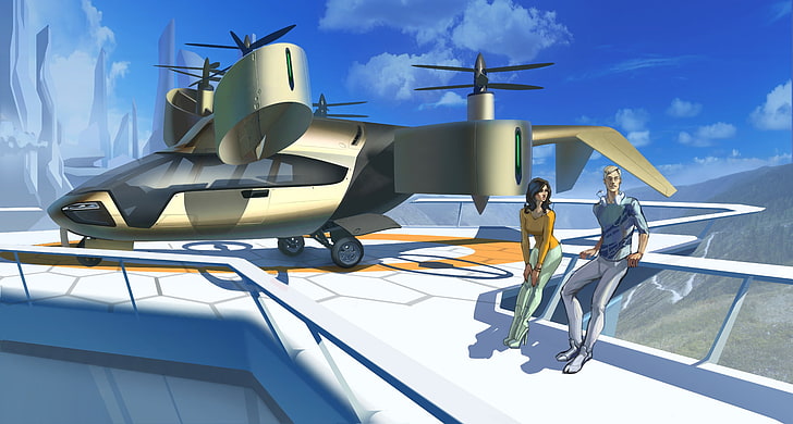 the city, future, woman, helicopter, male, aircraft, art, HD wallpaper
