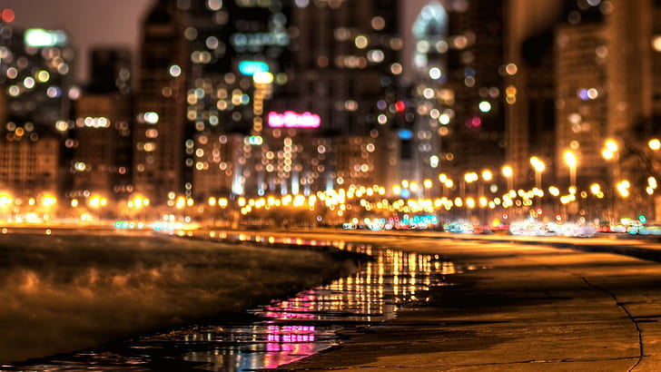 cityscape, lights, blurred, night, HD wallpaper