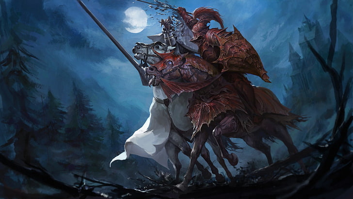 two warriors riding horse fighting in the woods wallpaper, knight, HD wallpaper