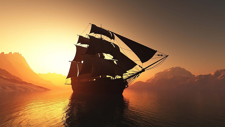 untitled, digital art, water, sea, ship, sailing ship, sunset, HD wallpaper
