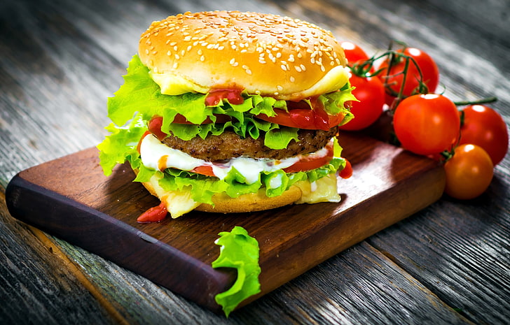 burger with meat and tomatoes, hamburgers, fast food, fruit, food and drink, HD wallpaper