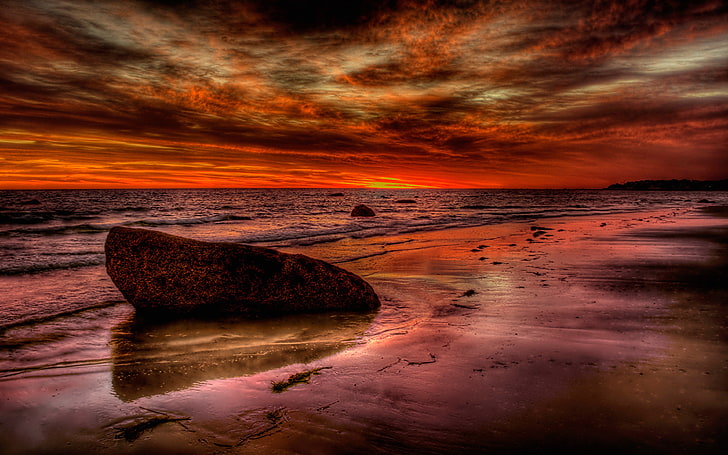 Red Sunset Sky Clouds Sandy Beach Sea Waves Rocks Wallpaper Hd For Desktop Mobile Phones And Laptop 3840×2400, HD wallpaper