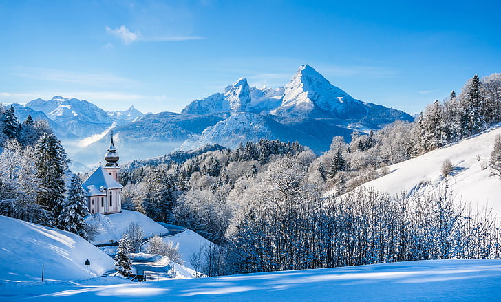 snow-covered mountains, Bavarian Alps, Winter landscape, Church, HD wallpaper