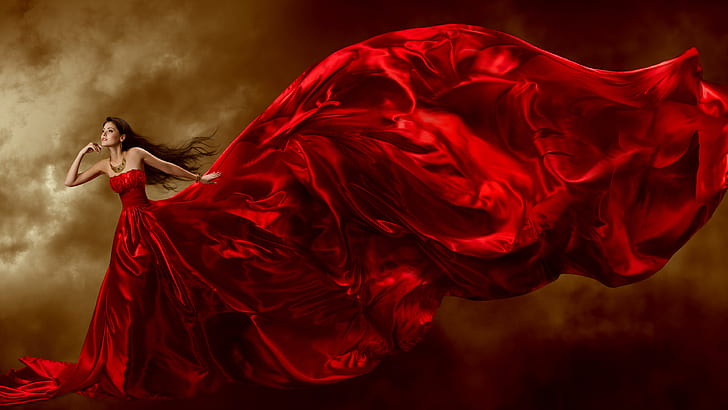 Beautiful red dress girl, jewelry, long hair, curls, art posture, women's red long sleeveless dress