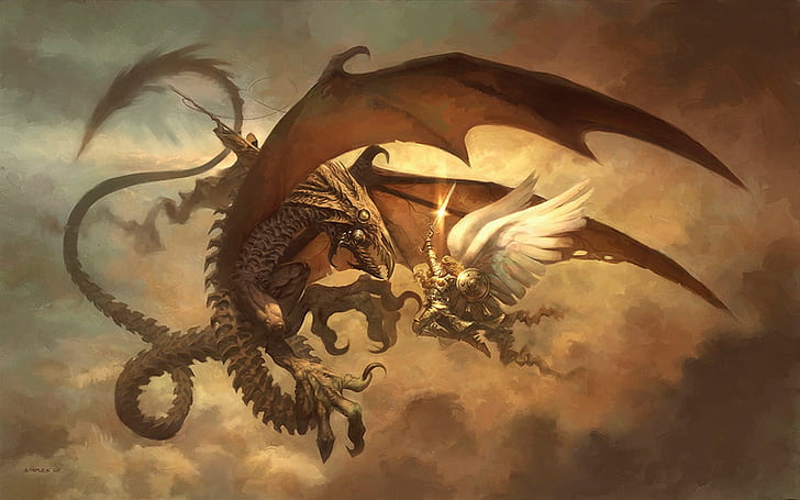 brown dragon illustration, fantasy art, animal themes, animals in the wild, HD wallpaper