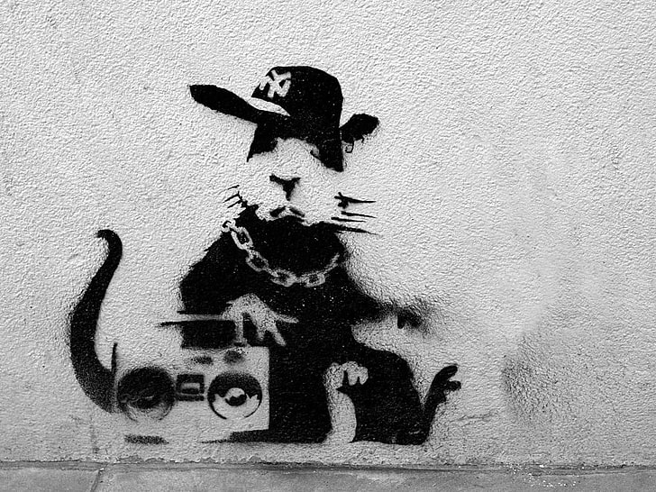 graffiti of mouse, Banksy, Rap Rat, black And White, people, old, HD wallpaper