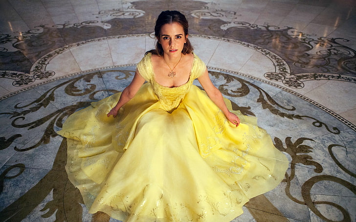 Emma Watson Belle Beauty and the Beast, yellow, one person, front view, HD wallpaper