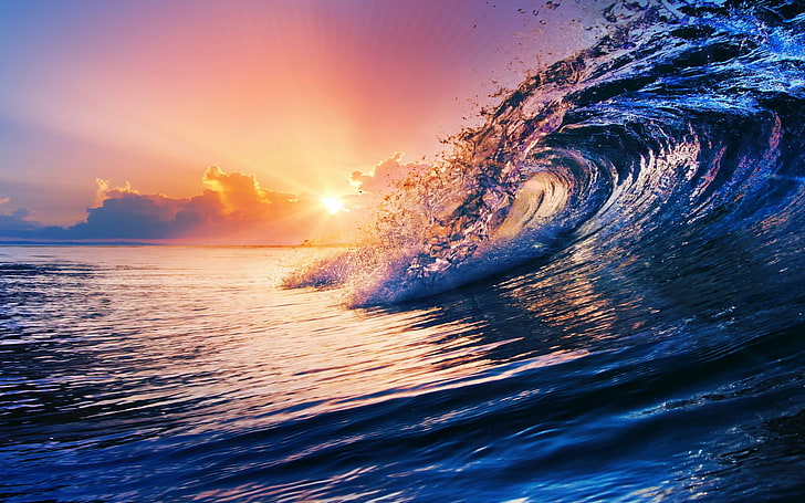 ocean wave, nature, sunset, sea, waves
