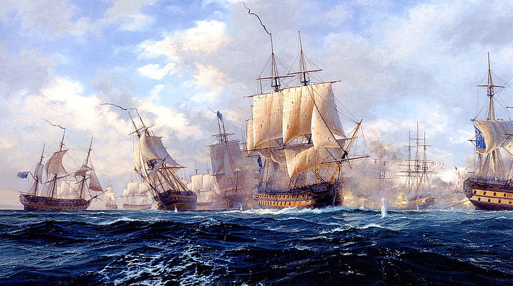 galleon on body water painting, ocean battle, sailing ship, sea, HD wallpaper