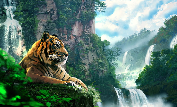 black and orange tiger illustration, forest, landscape, mountain