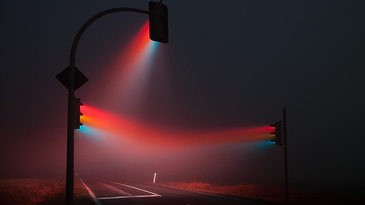 traffic lights, stoplight, mist, red, blue, road, street light, HD wallpaper