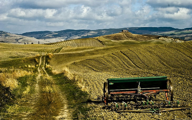Rural Scene In Tuscany, fields, harvester, road, clouds, nature and landscapes