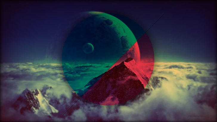 mountain peak, planet, circle, geometry, colorful, mountains, HD wallpaper