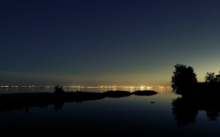Waterfront Sunset, lights, twilight, calm, stars, nature, beautiful, HD wallpaper
