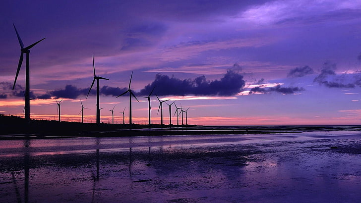 wind mills near body of water, purple sky, landscape, wind turbine