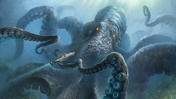 Sea monster, underwater, giant, luminos, caracatita, fantasy