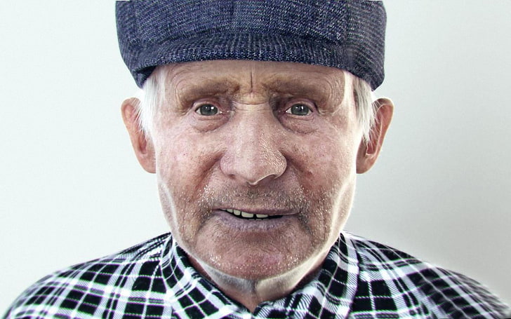 men's blue cap, old people, plaid shirt, hat, portrait, males