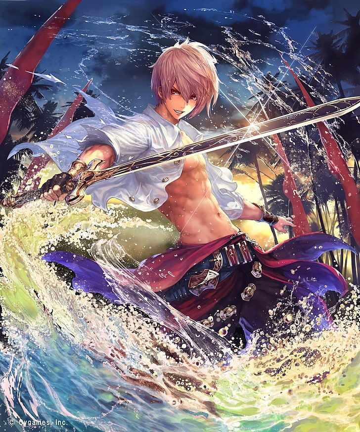 pink-haired male character with sword weapon digital wallpaper