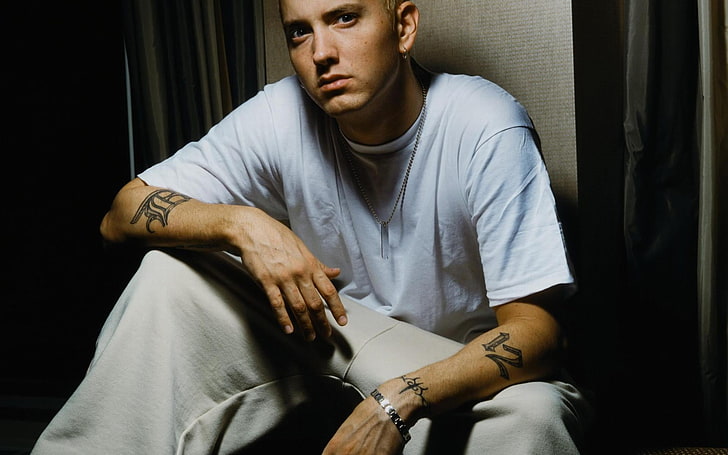 Hd Wallpaper Eminem Hip Hip Hop Rap Shady Slim Sitting Tattoo Indoors Wallpaper Flare