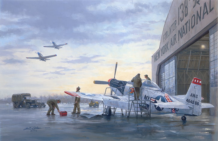white plane illustration, war, art, painting, aviation, ww2, P 51 Mustang