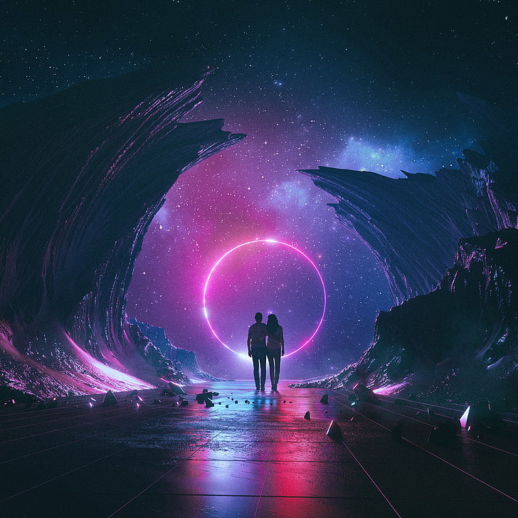 slihouette of persons, two silhouette person, beeple, digital art
