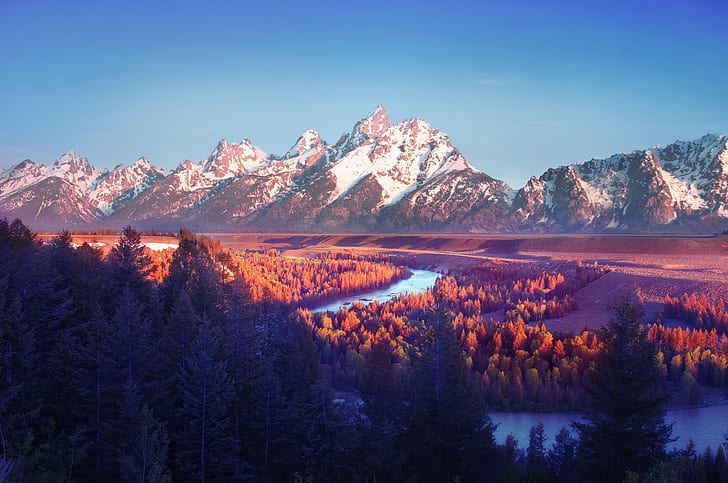 nature, landscape, forest, trees, mountains, river, sky, Grand Teton National Park, HD wallpaper