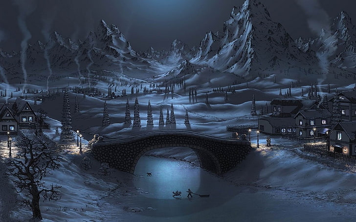 winter night-Digital Art design HD Wallpaper, white snow coated fantasy world