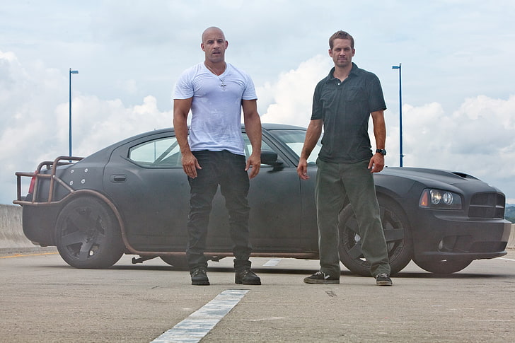 Vin Diesel and Paul Walker, black, Dodge, charger, fast five