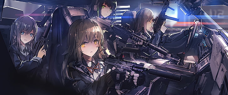 four female anime characters, gun, original characters, weapon