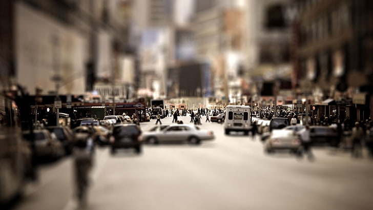 scale model vehicles and figures, tilt shift, city, car, road