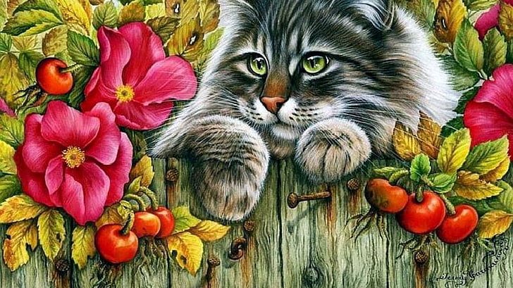 black and white cat painting, artwork, animals, feline, domestic cat, HD wallpaper