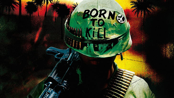 gun, Full Metal Jacket, Vietnam War, artwork, helmet, peace sign