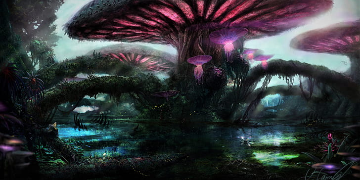 Fantasy, Forest, Magical, Mushroom, Purple, Tree, HD wallpaper