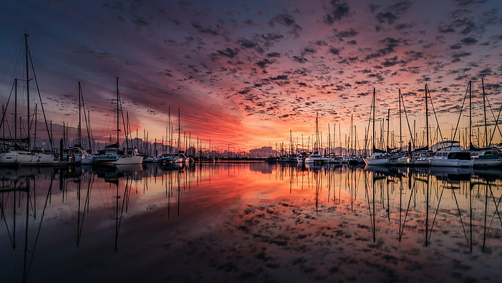 reflection, sky, water, marina, sunset, waterway, boats, calm